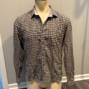 John Varvatos Men’s Medium Taupe Plaid Frayed Button-Down Shirt